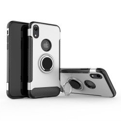 iPhone Xr 6.1in 360 Rotating Ring Stand Hybrid Case with Metal Plate (Silver)